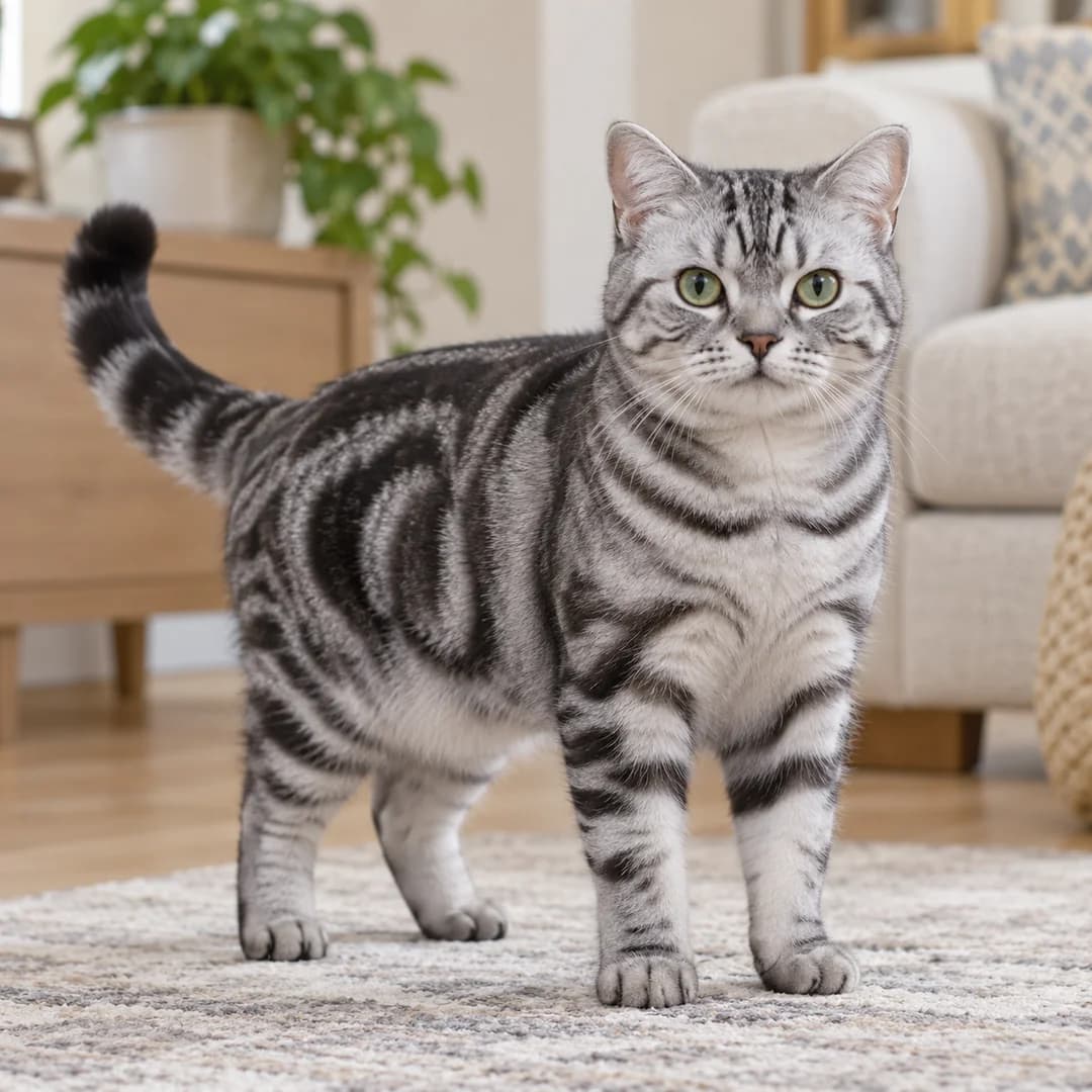 تصویر گربه نژاد امریکن شورت‌هیر (American Shorthair) در دوره میان‌سال و جوانی - وقار و توانایی بدنی در دانشنامه پت همزی