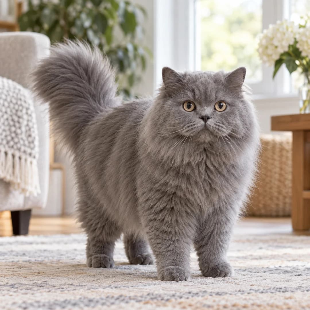 تصویر گربه نژاد بریتیش لانگ‌هیر (British Longhair) در دوره میان‌سال و جوانی - وقار و توانایی بدنی در دانشنامه پت همزی