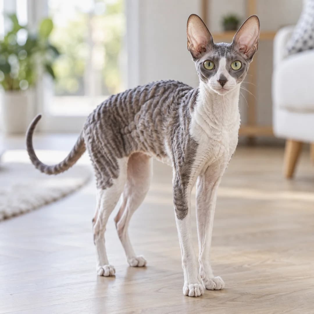 تصویر گربه نژاد کورنیش رکس (Cornish Rex) در دوره بالغ و سالمند - وقار و مراقبتهای نژادی در دانشنامه پت همزی