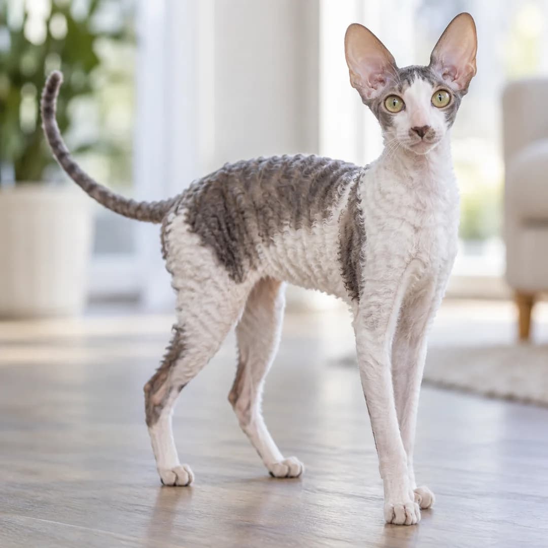 تصویر گربه نژاد کورنیش رکس (Cornish Rex) در دوره میانسال و جوانی - وقار و توانایی بدنی در دانشنامه پت همزی