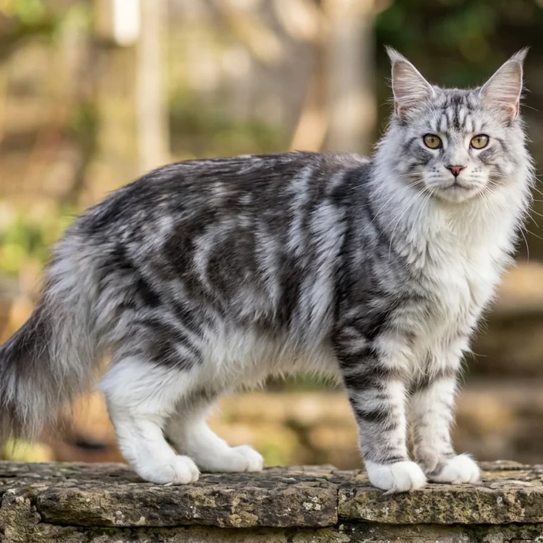 تصویر گربه نژاد مین کون (Maine Coon) در دوره میانسال و جوانی - وقار و توانایی بدنی در دانشنامه پت همزی